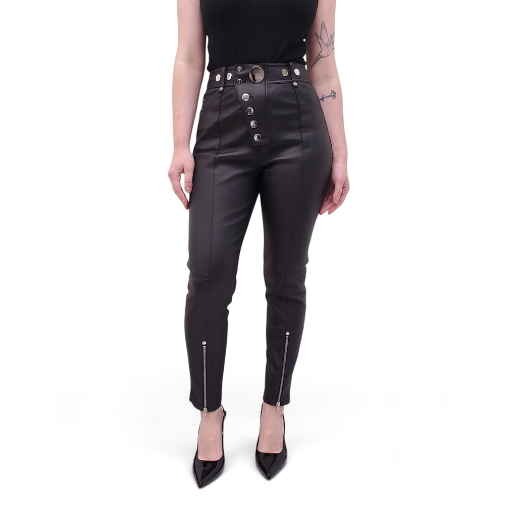 ALEXANDER WANG BLACK LOGO LEATHER PANTS WITH SILVER BUTTONS - SIZE 6