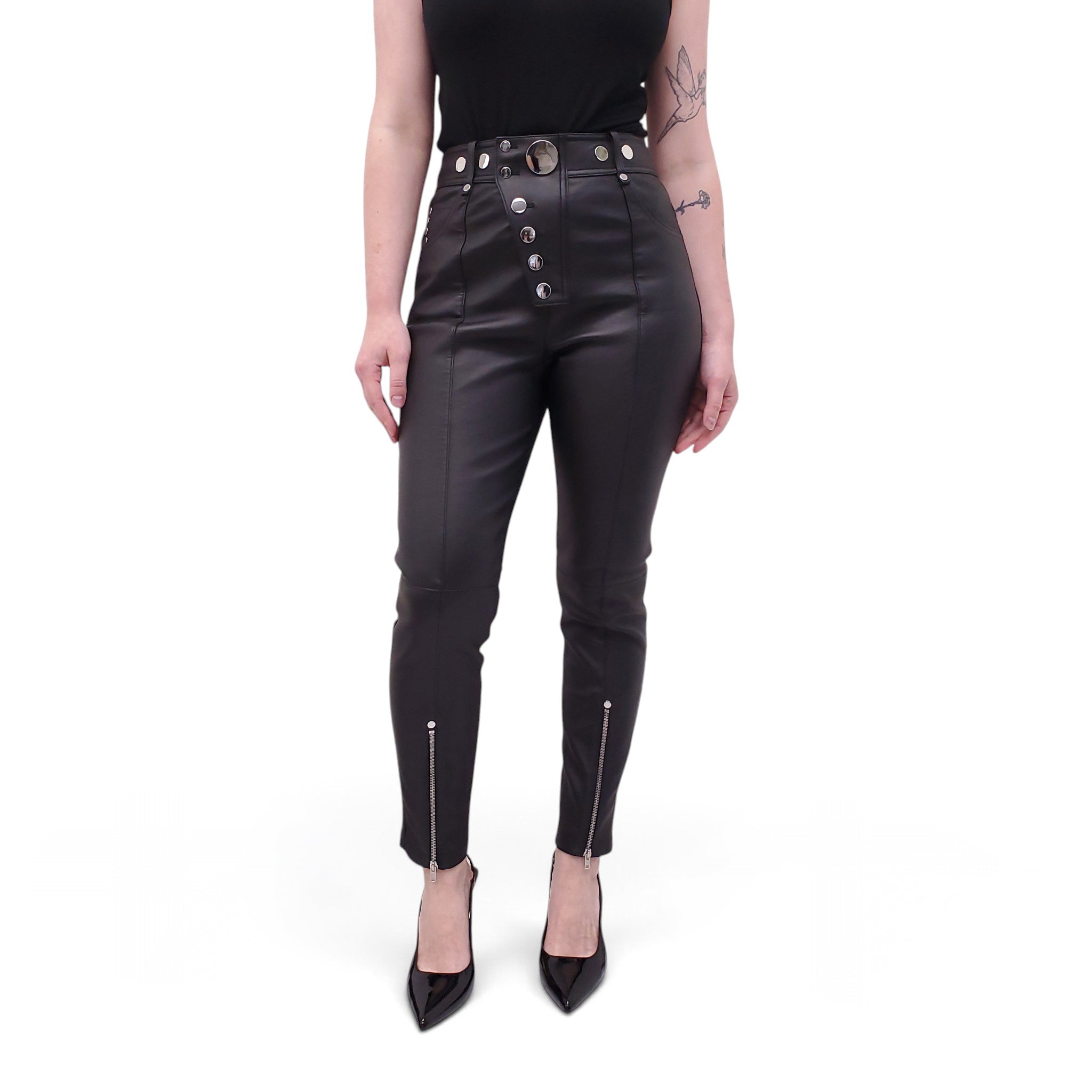 ALEXANDER WANG BLACK LOGO LEATHER PANTS WITH SILVER BUTTONS - SIZE 6