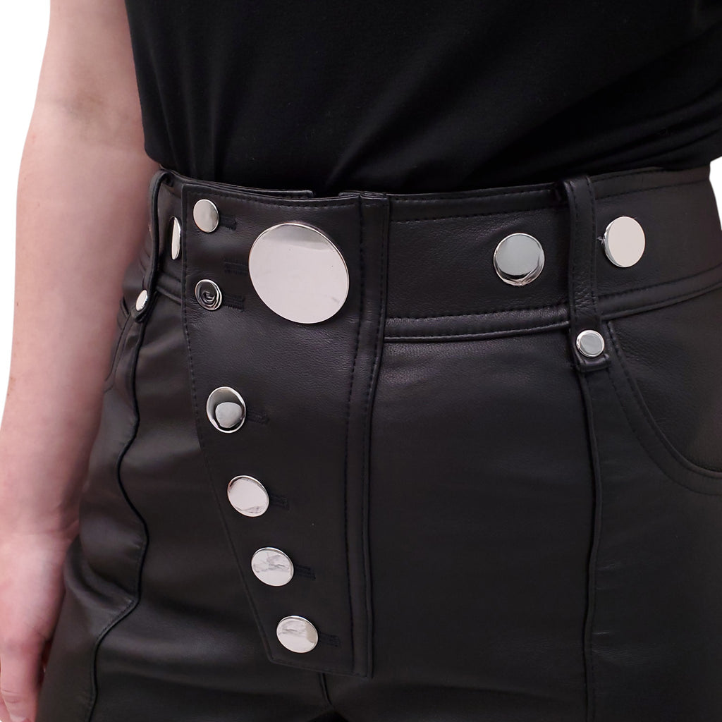 ALEXANDER WANG BLACK LOGO LEATHER PANTS WITH SILVER BUTTONS - SIZE 6