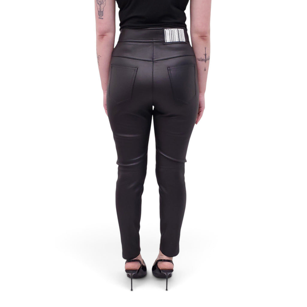 ALEXANDER WANG BLACK LOGO LEATHER PANTS WITH SILVER BUTTONS - SIZE 6
