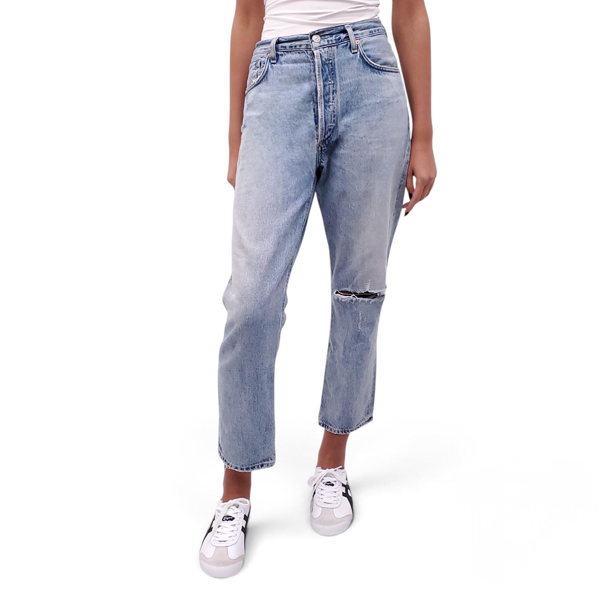 CITIZENS OF HUMANITY LIGHT WASH DISTRESSED 'CHARLOTTE CROP HIGH RISE STRAIGHT' JEANS - SIZE 29
