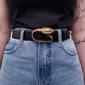 GUCCI BLACK LEATHER GOLD DRAGON EMBLUM BELT - SIZE 75