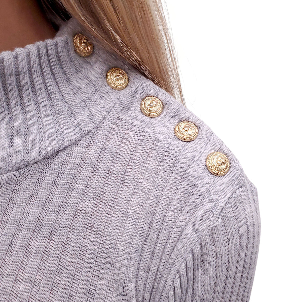 BALMAIN GREY RIBBED LONG SLEEVE WITH GOLD LOGO BUTTONS - SIZE 36