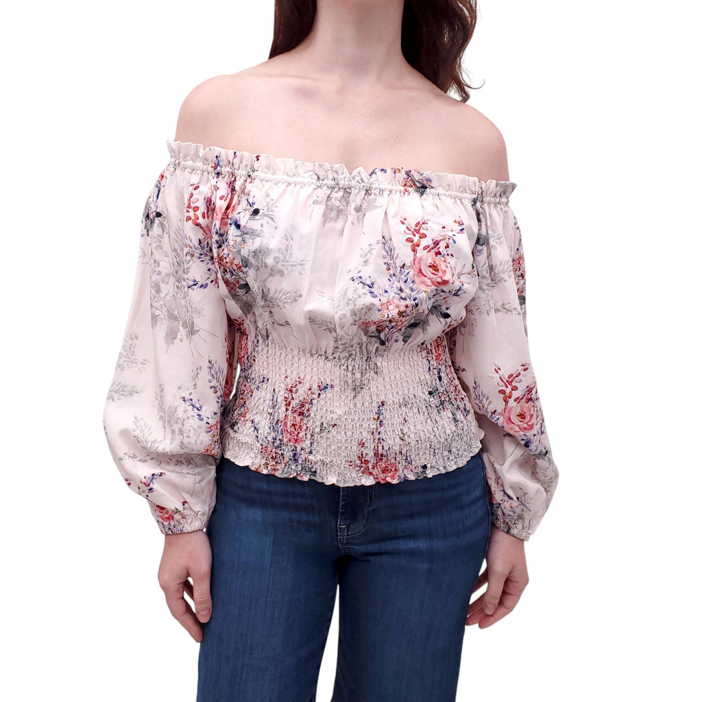 KOBI HALPERIN PINK FLORAL ROUCHED CROPPED BLOUSE - SIZE S