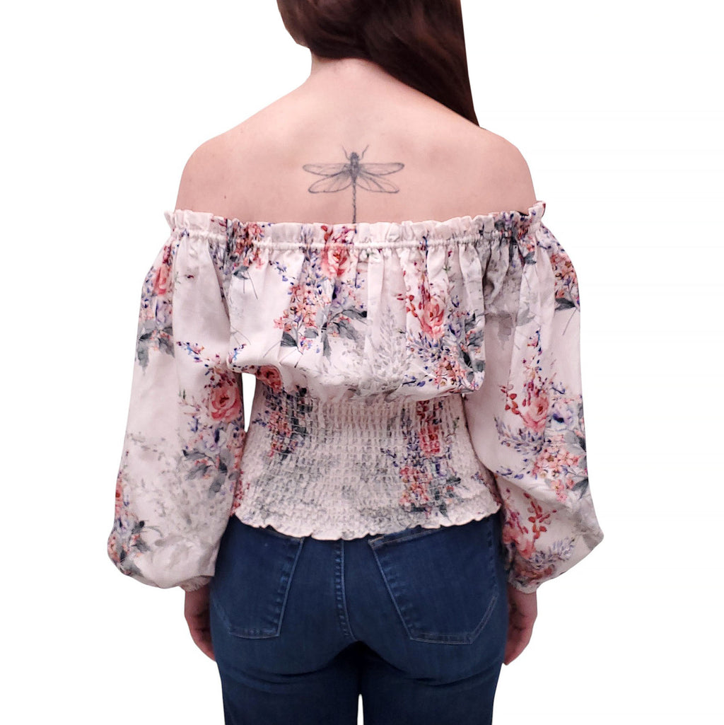 KOBI HALPERIN PINK FLORAL ROUCHED CROPPED BLOUSE - SIZE S