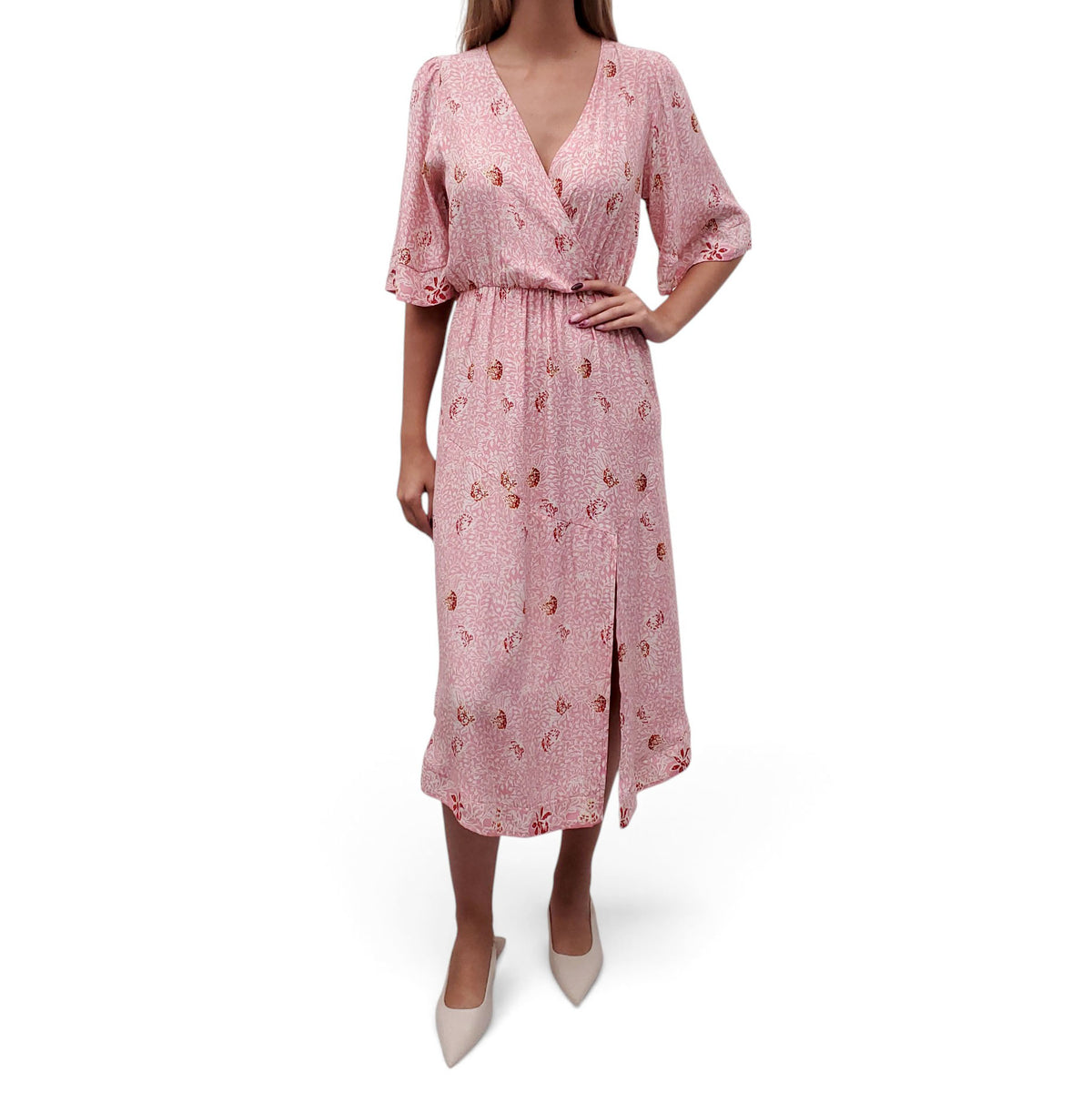 NATALIE MARTIN PINK AND RED PATTERNED SHORT SLEEVE MAXI DRESS - SIZE S