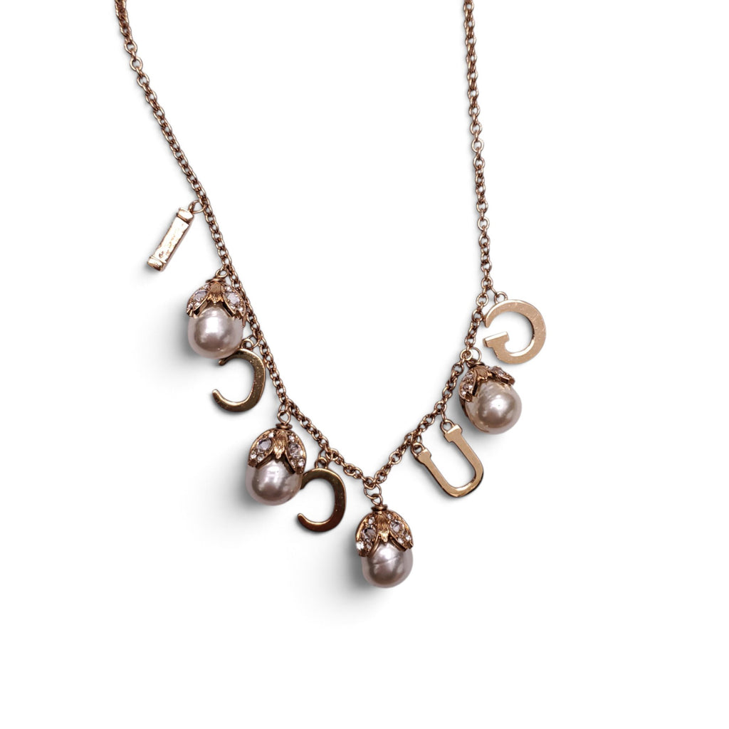 GUCCI FAUX PEARL & CRYSTAL SCRIPT COLLAR NECKLACE