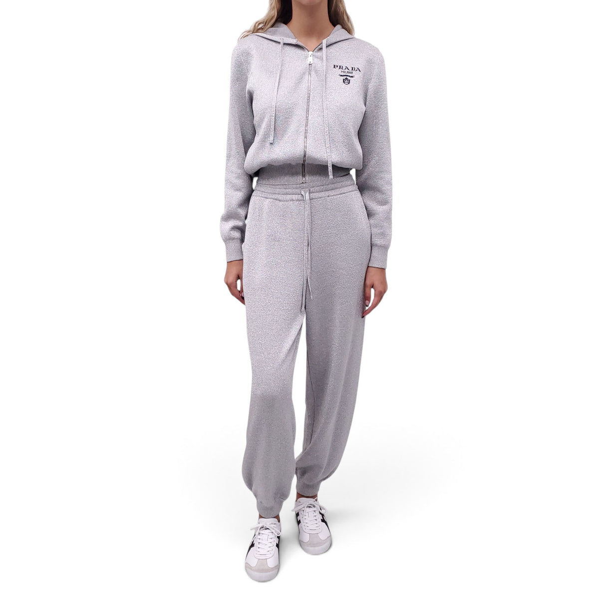 PRADA SILVER TWO PIECE LOGO PANTS SET - SIZE 38