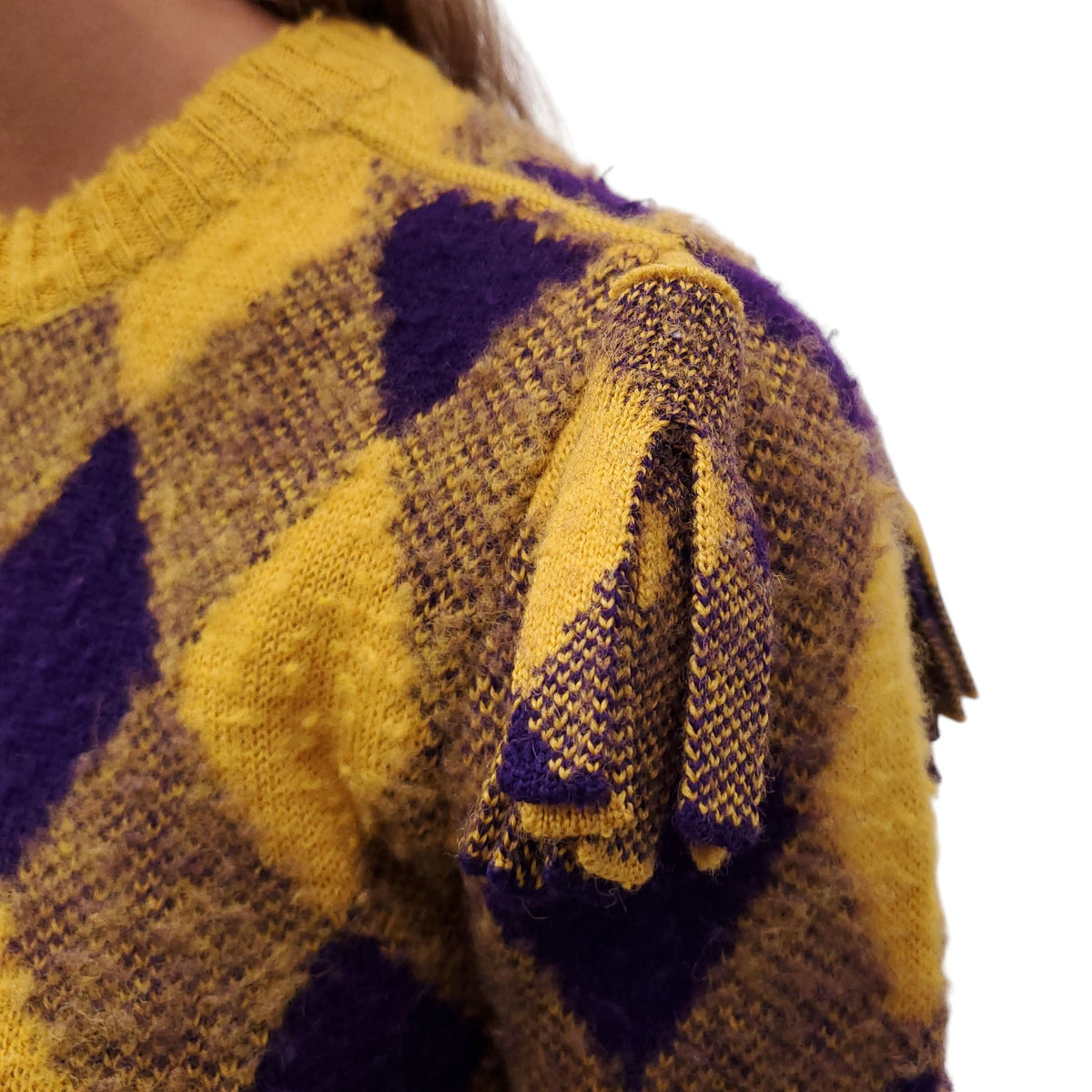 BURBERRY YELLOW AND PURPLE ARGYLE SWEATER - SIZE XS