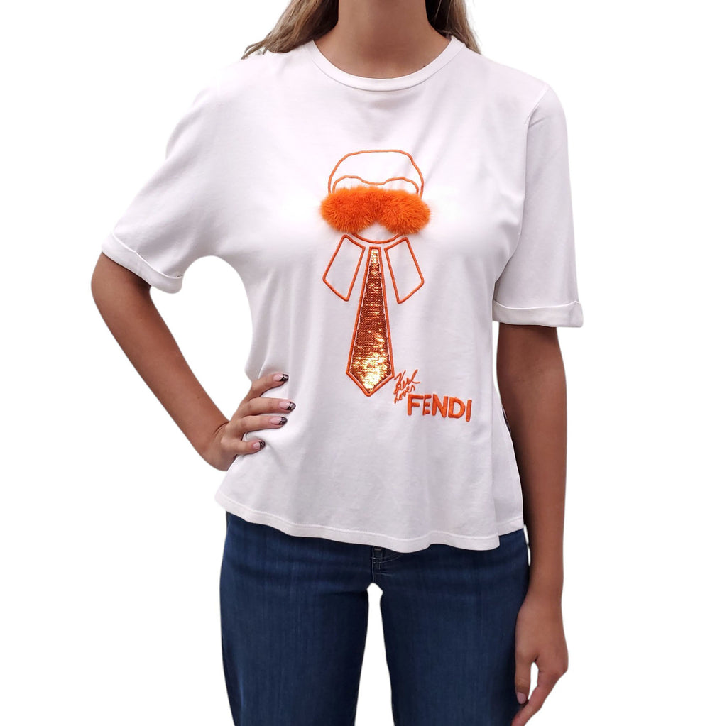 FENDI WHITE AND ORANGE KARL LAGERFIELD TSHIRT WITH FUR - SIZE M