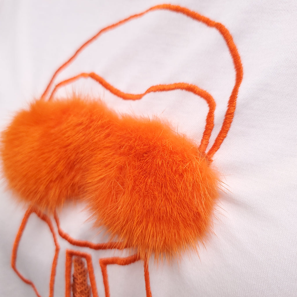 FENDI WHITE AND ORANGE KARL LAGERFIELD TSHIRT WITH FUR - SIZE M