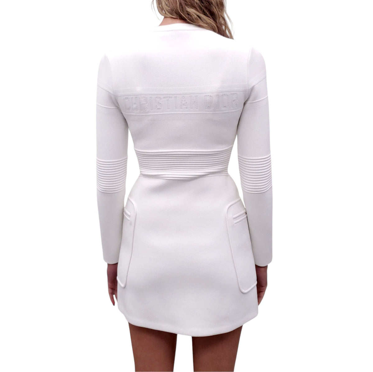 CHRISTIAN DIOR WHITE KNIT LOGO LONG SLEEVE DRESS WITH ZIPPER - SIZE 4