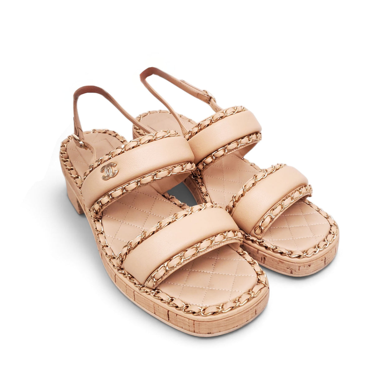CHANEL TAN LEATHER CHAIN LOGO SANDALS - SIZE 39