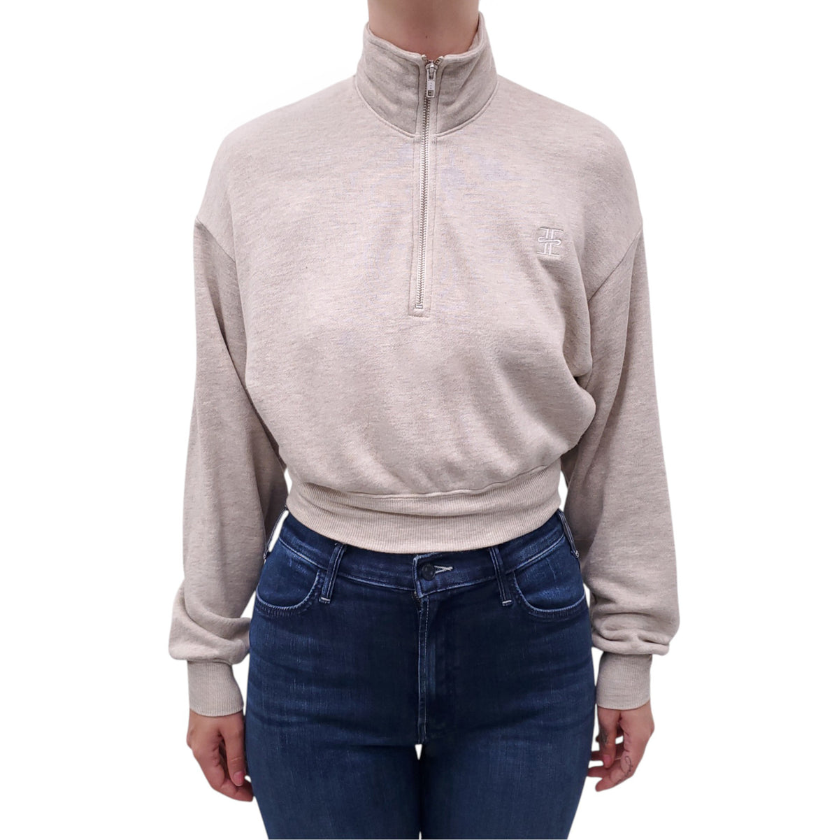 ÉTERNE OATMEAL HALF-ZIP CROPPED SWEATER - SIZE XS
