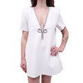 AREA WHITE CRYSTAL BOW V-NECK T SHIRT DRESS - SIZE XS
