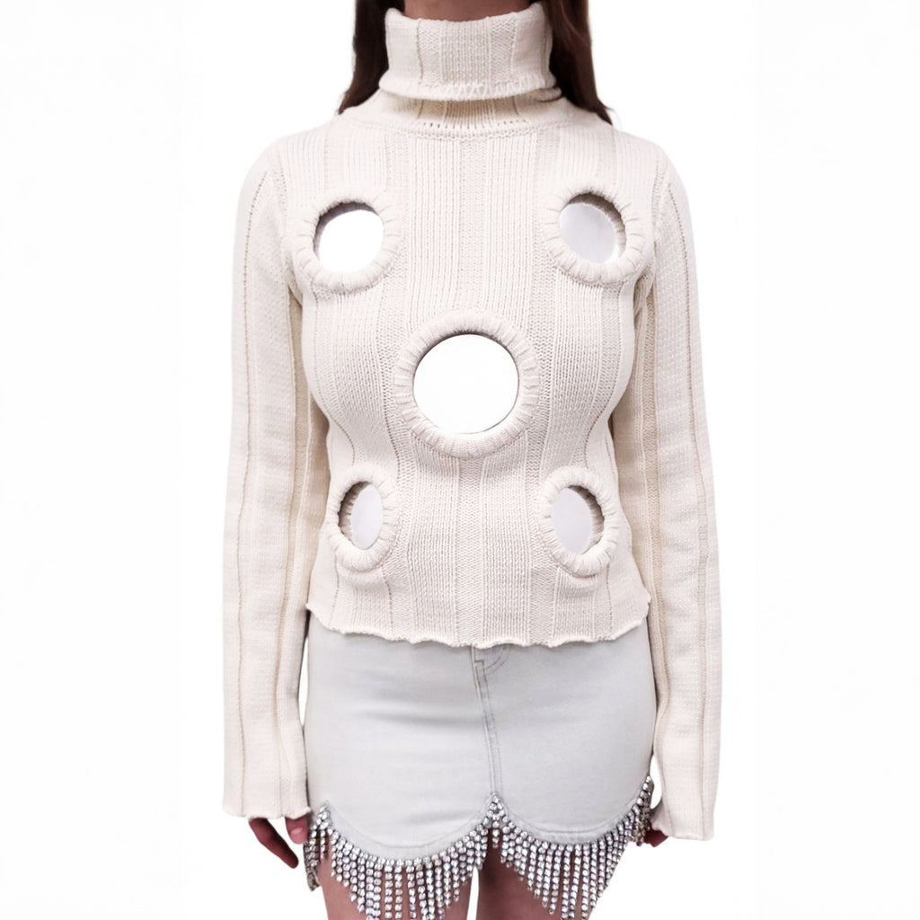 AREA IVORY TURTLENECK SWEATER WITH MIRROR DETAIL - SIZE S