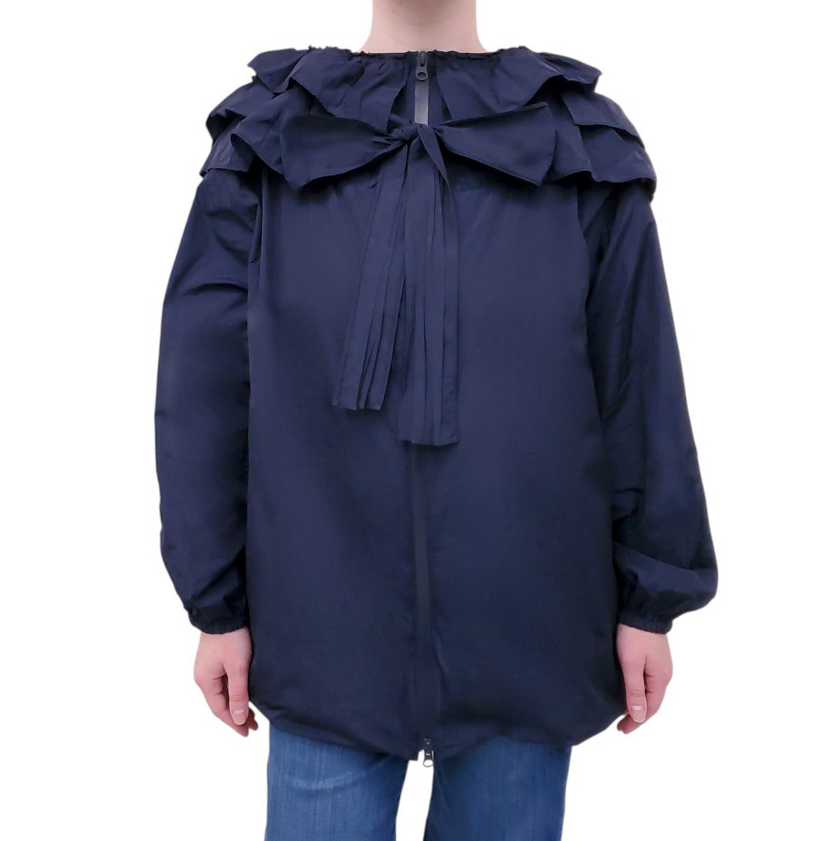 VALENTINO NAVY RUFFLE TRIM NECK TIE JACKET - SIZE 42