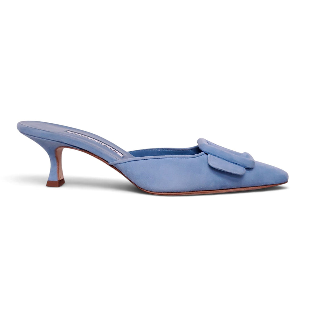 MANOLO BLAHNIK 50 MM MAYSALE SUEDE BLUE MULES - SIZE 37