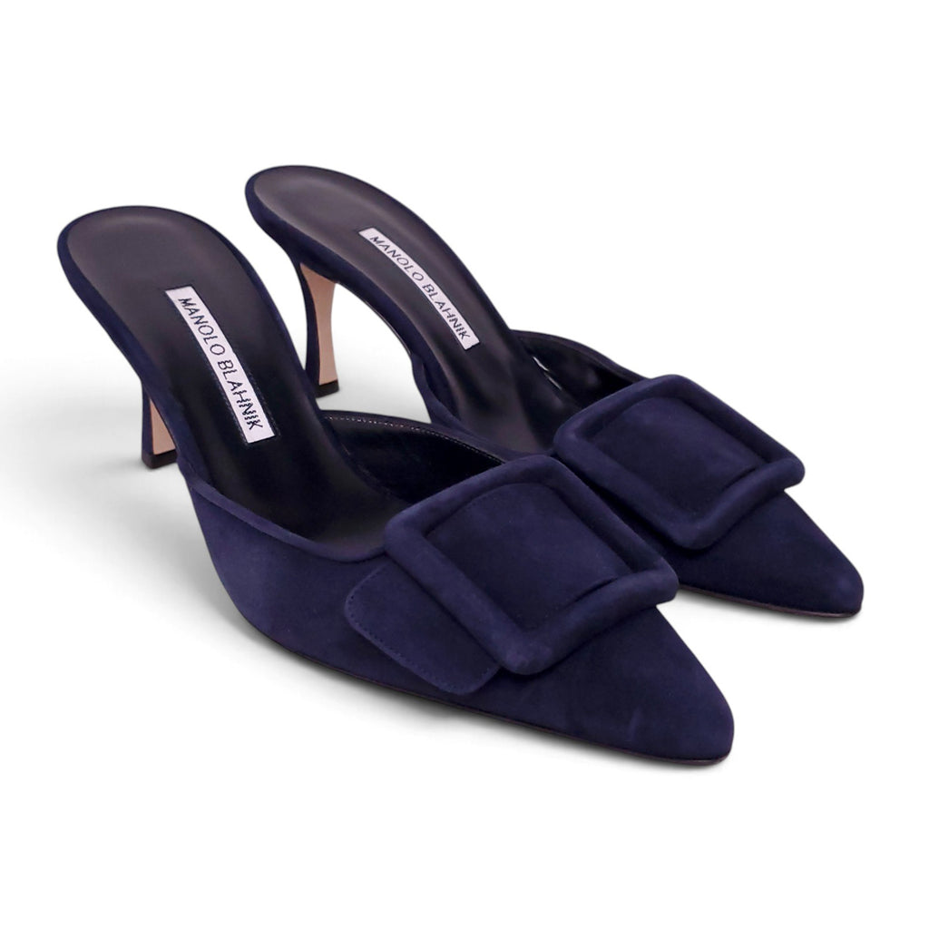 MANOLO BLAHNIK 70 MM MAYSALE HEEL IN NAVY  - SIZE 38