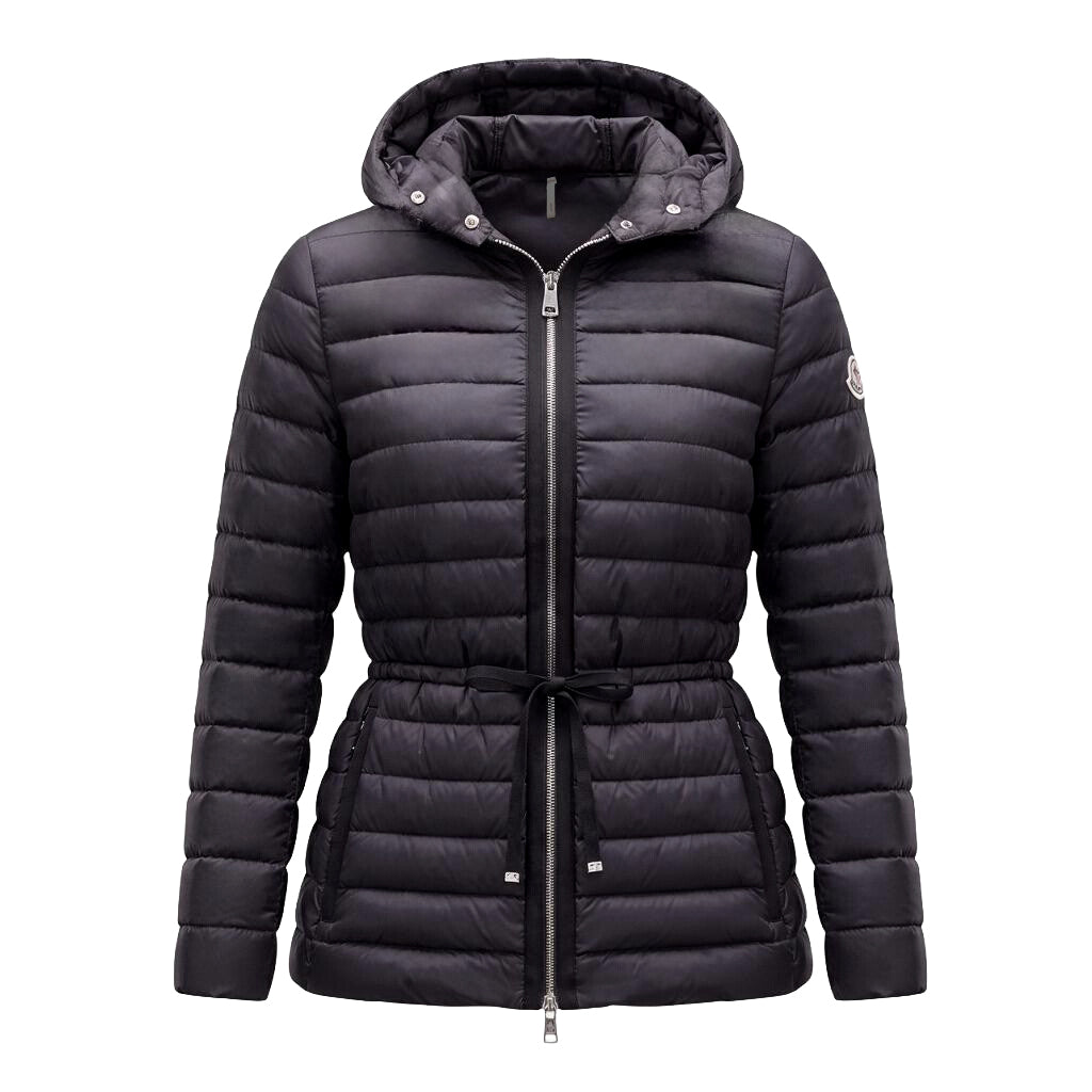 MONCLER BLACK PUFFER JACKET WITH SILVER ZIPPER WITH STRING DETAIL - SIZE 2