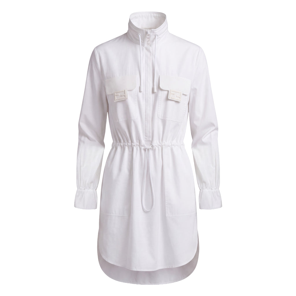 FENDI WHITE BUTTON UP DRESS WITH BAGUETTE POCKET - SIZE 38