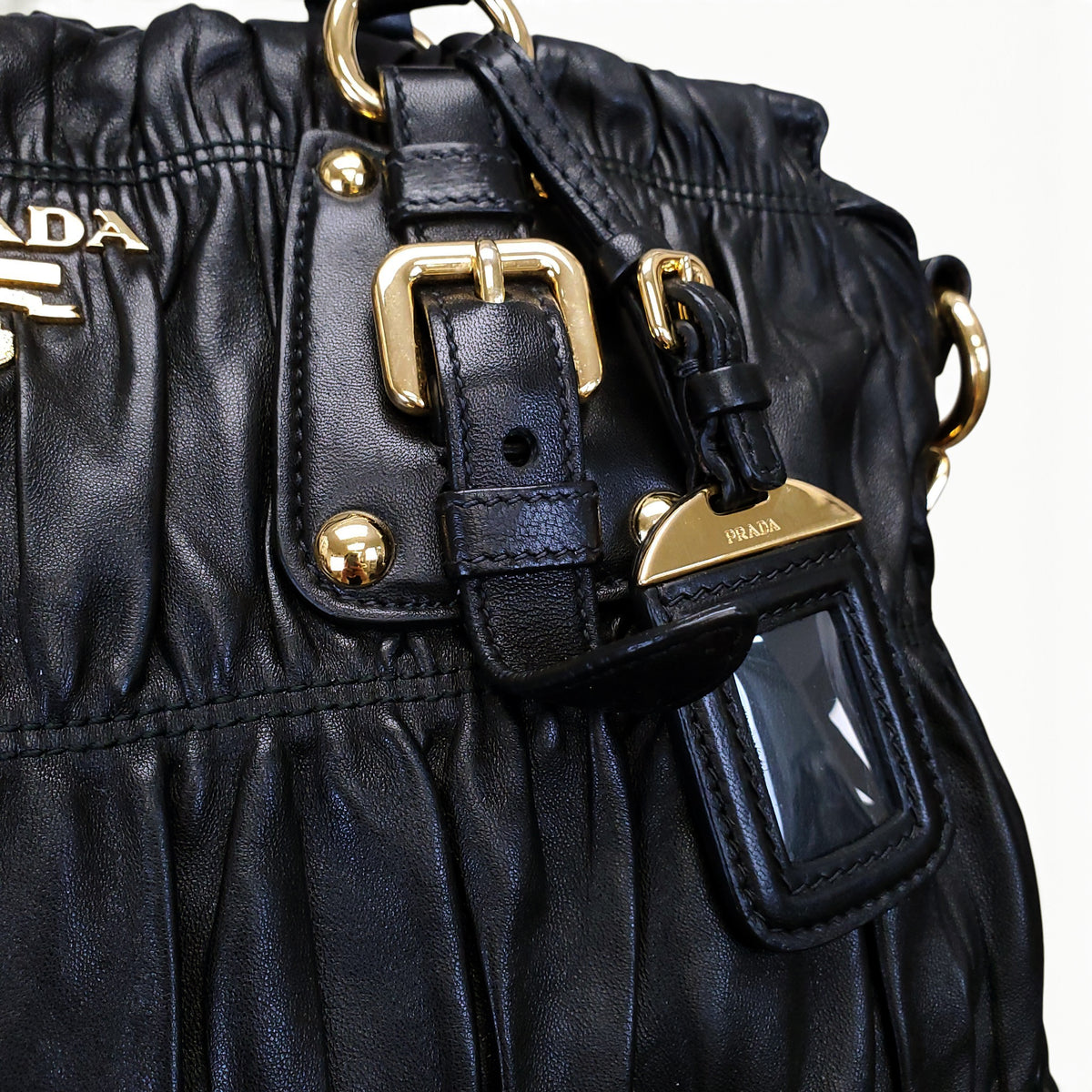 PRADA BLACK LEATHER GAUFRE SHOULDER BAG WITH CROSSBODY STRAP