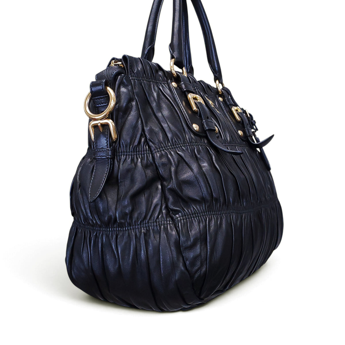 PRADA BLACK LEATHER GAUFRE SHOULDER BAG WITH CROSSBODY STRAP