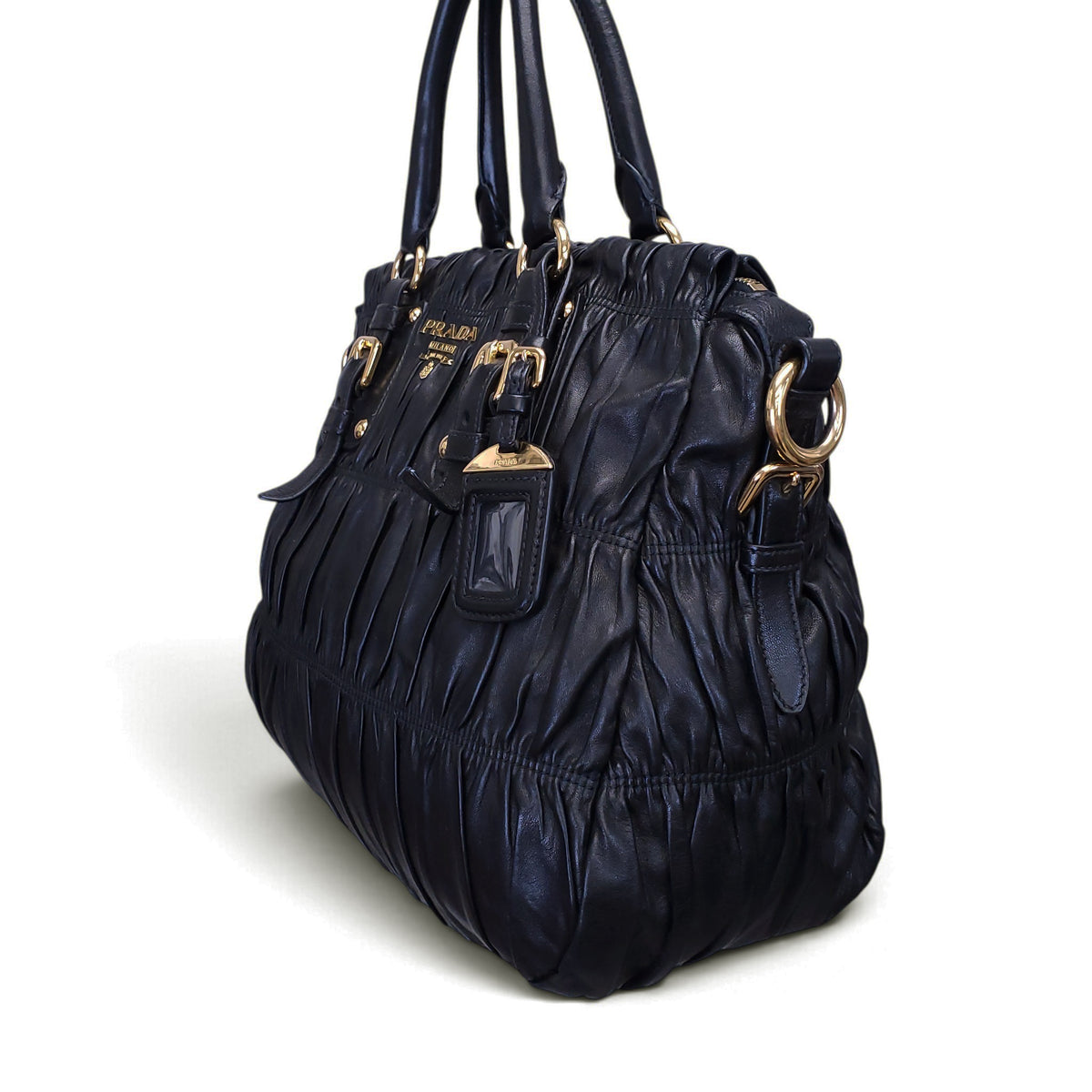 PRADA BLACK LEATHER GAUFRE SHOULDER BAG WITH CROSSBODY STRAP