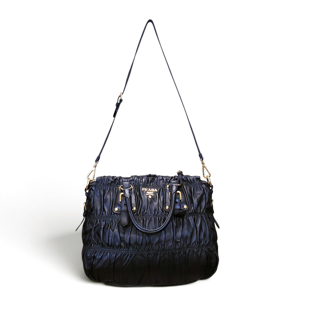 PRADA BLACK LEATHER GAUFRE SHOULDER BAG WITH CROSSBODY STRAP