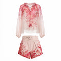 ZIMMERMANN PINK FLORAL BLOUSE AND SHORT SET WITH PEARL DETAIL - SIZE 1 (US 6)