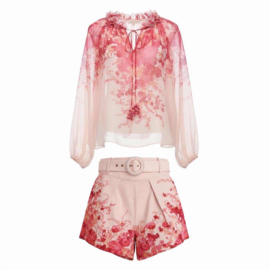 ZIMMERMANN PINK FLORAL BLOUSE AND SHORT SET WITH PEARL DETAIL - SIZE 1 (US 6)