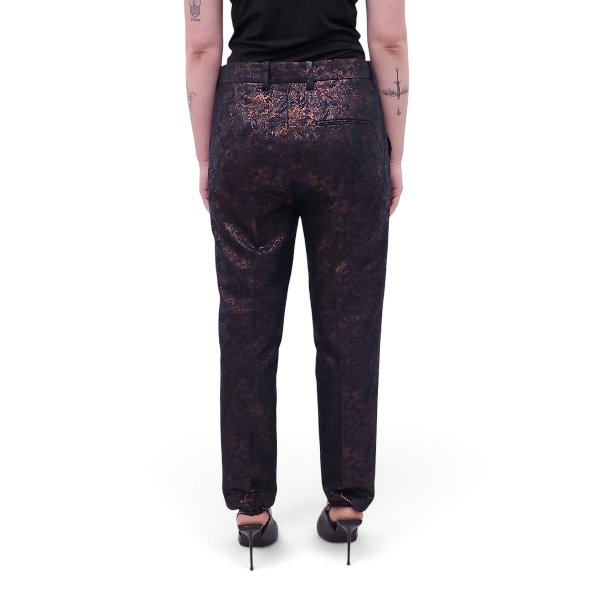 3.1 PHILIP LIM NAVY BROCADE TROUSERS - SIZE 6