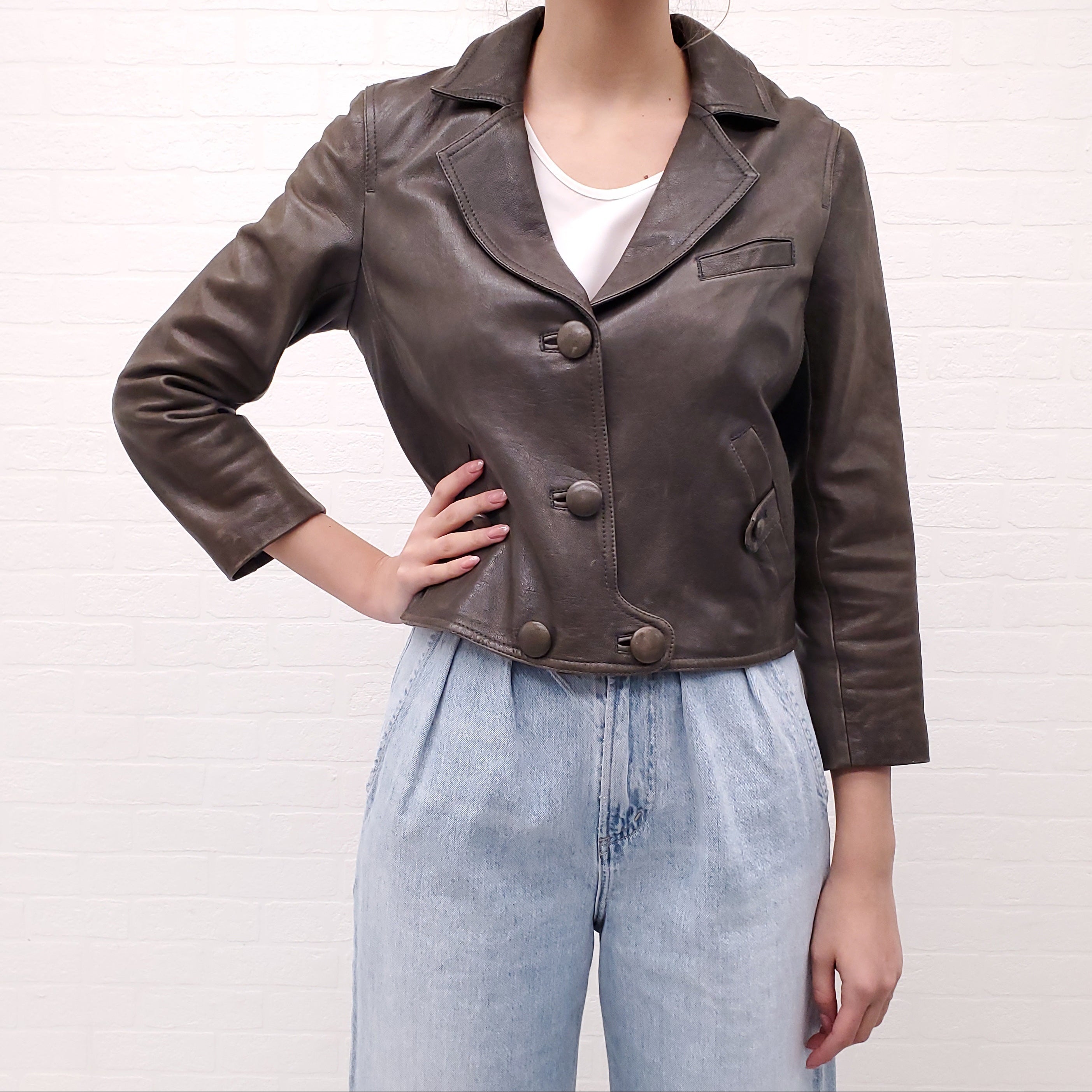 3.1 PHILLIP LIM GREEN DISTRESSED LEATHER BLAZER - SIZE 10