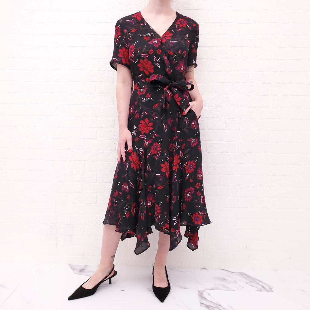 A.L.C. RED AND BLACK FLORAL BELTED WRAP DRESS - SIZE 8