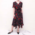 A.L.C. RED AND BLACK FLORAL BELTED WRAP DRESS - SIZE 8