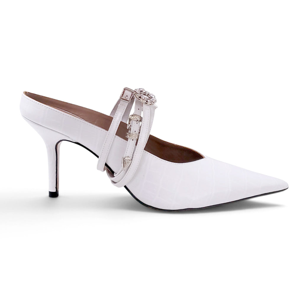 ABRA WHITE BELTED POINTED TOE MULES WITH CRYSTAL DETAIL - SIZE 40
