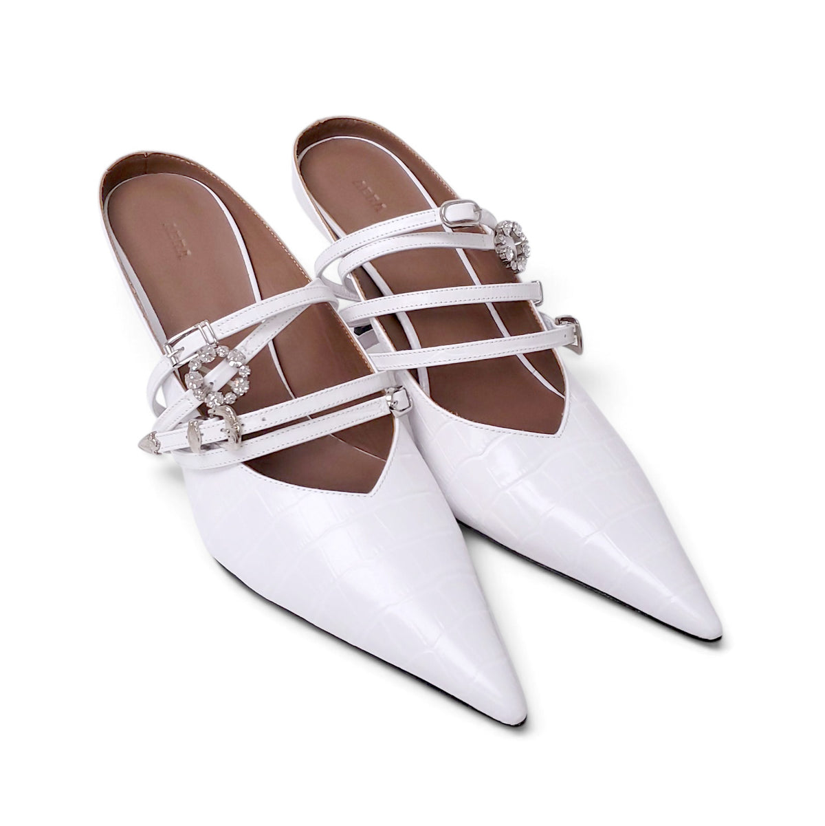 ABRA WHITE BELTED POINTED TOE MULES WITH CRYSTAL DETAIL - SIZE 40