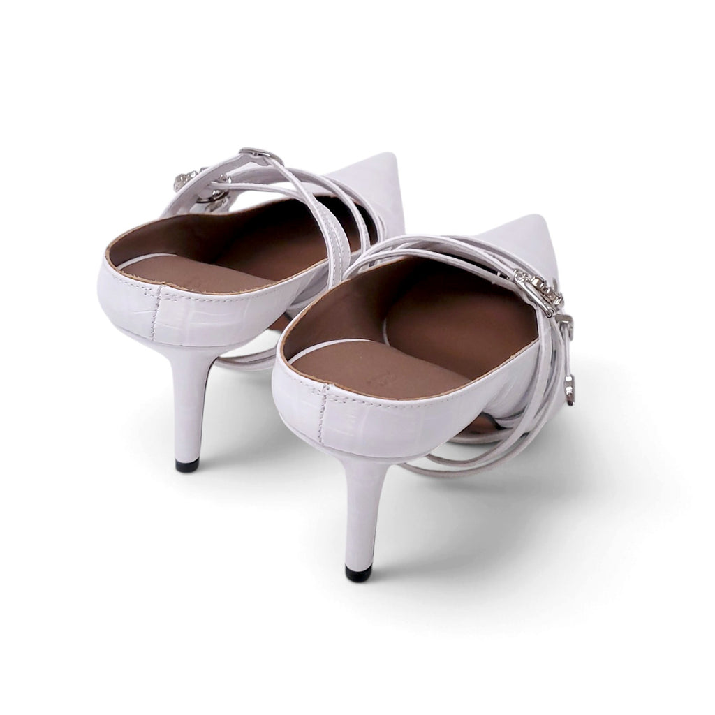 ABRA WHITE BELTED POINTED TOE MULES WITH CRYSTAL DETAIL - SIZE 40