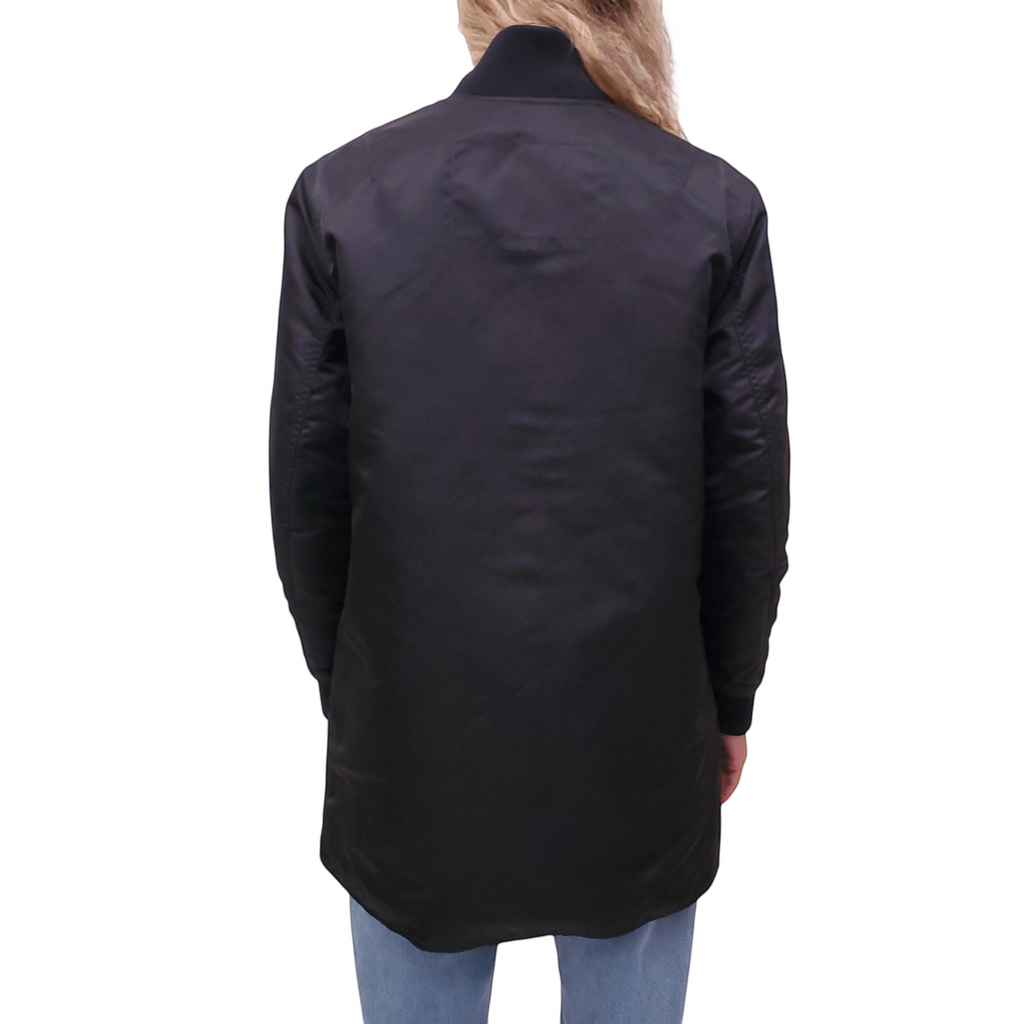 ACNE STUDIOS BLACK OVERSIZED LONG BOMBER JACKET WITH BURGUNDY INTERIOR - SIZE 32