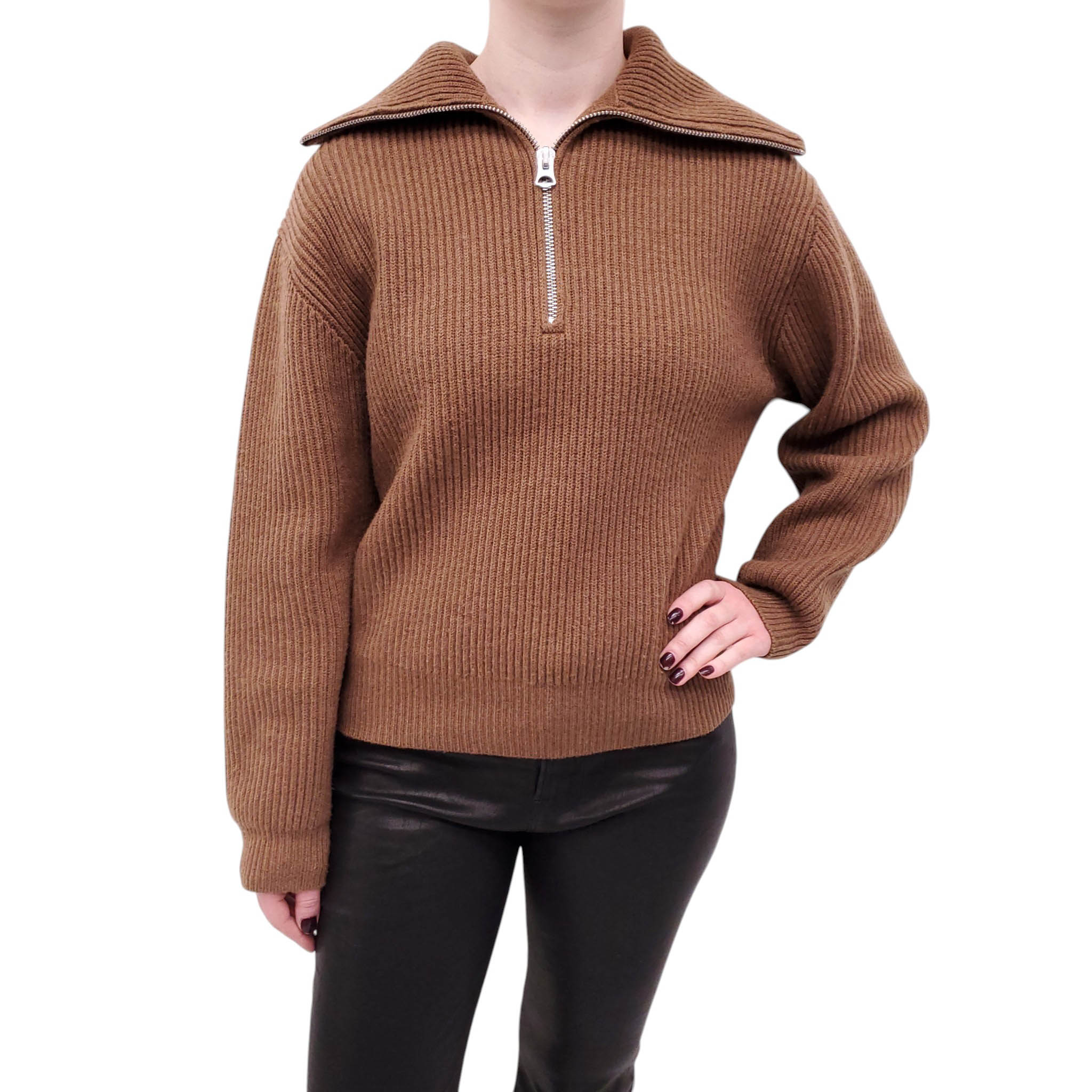 ACNE STUDIOS BROWN 3/4 ZIP SWEATER  - SIZE S