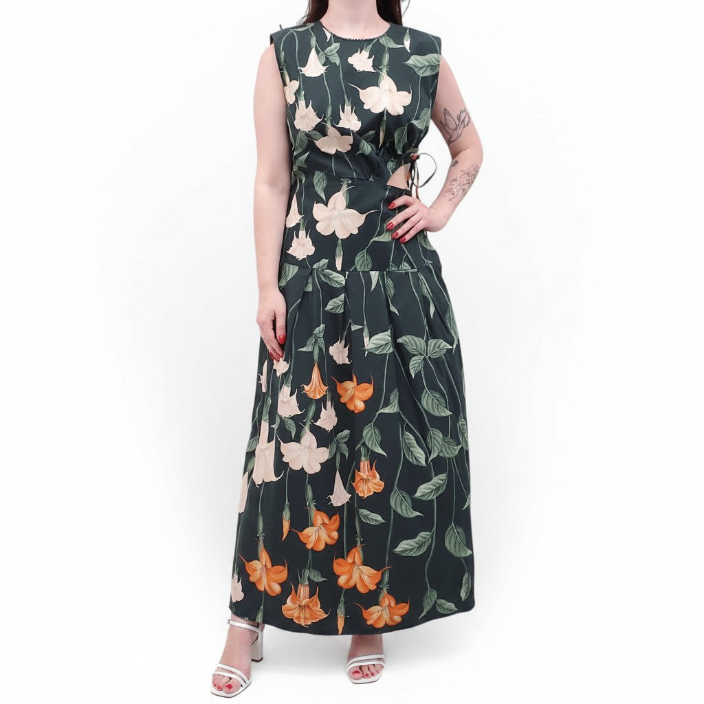 AGUA BANDITA FOREST GREEN AND ORANGE FLORAL CUT OUT MAXI DRESS - SIZE L
