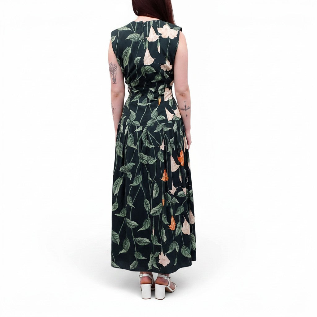 AGUA BANDITA FOREST GREEN AND ORANGE FLORAL CUT OUT MAXI DRESS - SIZE L
