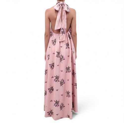 AGUA BENDITA WISTERIA EMBROIDERED LINEN HALTERNECK MAXI DRESS - SIZE S