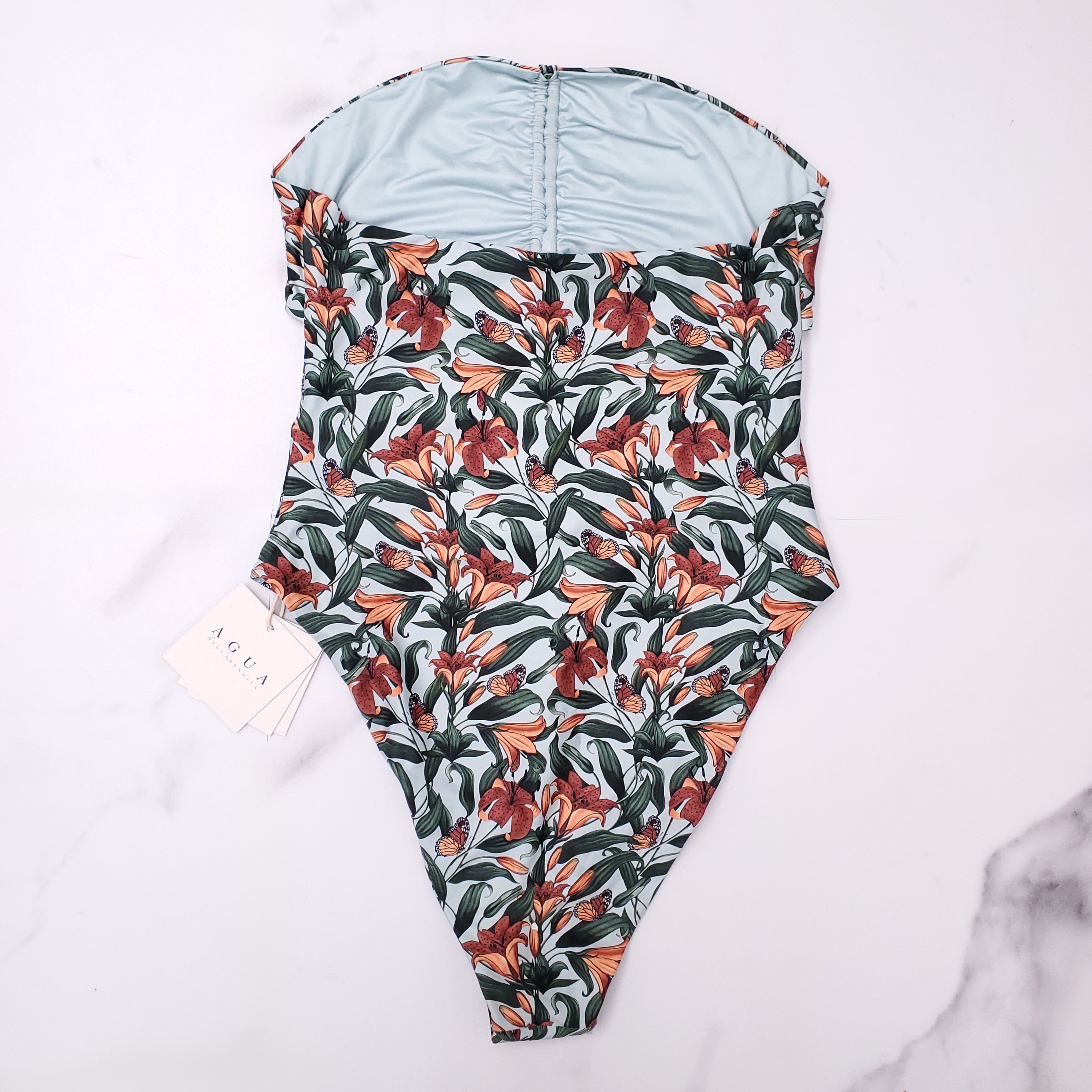 AGUA BY AGUA BENDITA BLUE FLORAL BUTTERFLY PRINT SWIMSUIT WITH CUTOUT DETAIL - SIZE L