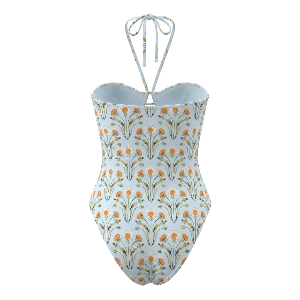 AGUA BY AGUA BLUE AND ORANGE FLORAL EMBROIDERED ONE-PIECE SWIMSUIT - SIZE M