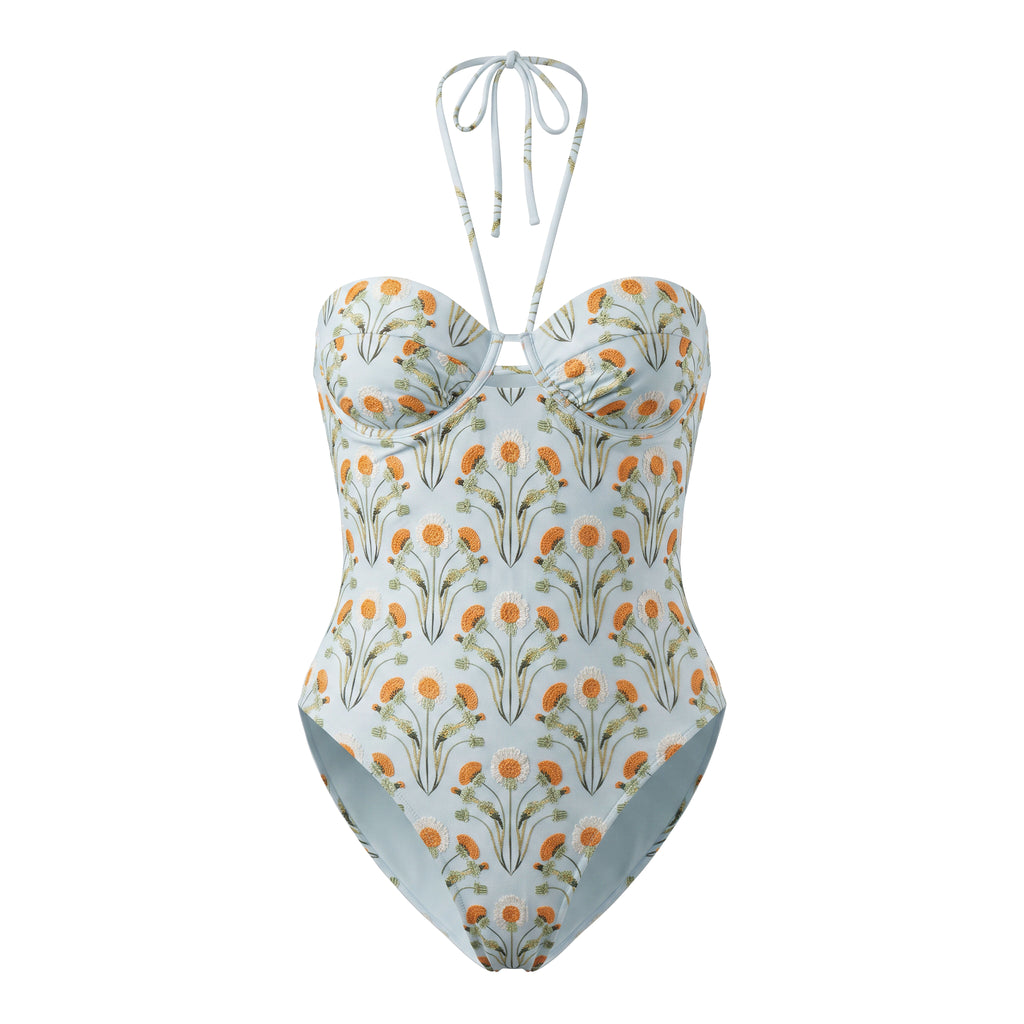 AGUA BY AGUA BLUE AND ORANGE FLORAL EMBROIDERED ONE-PIECE SWIMSUIT - SIZE M