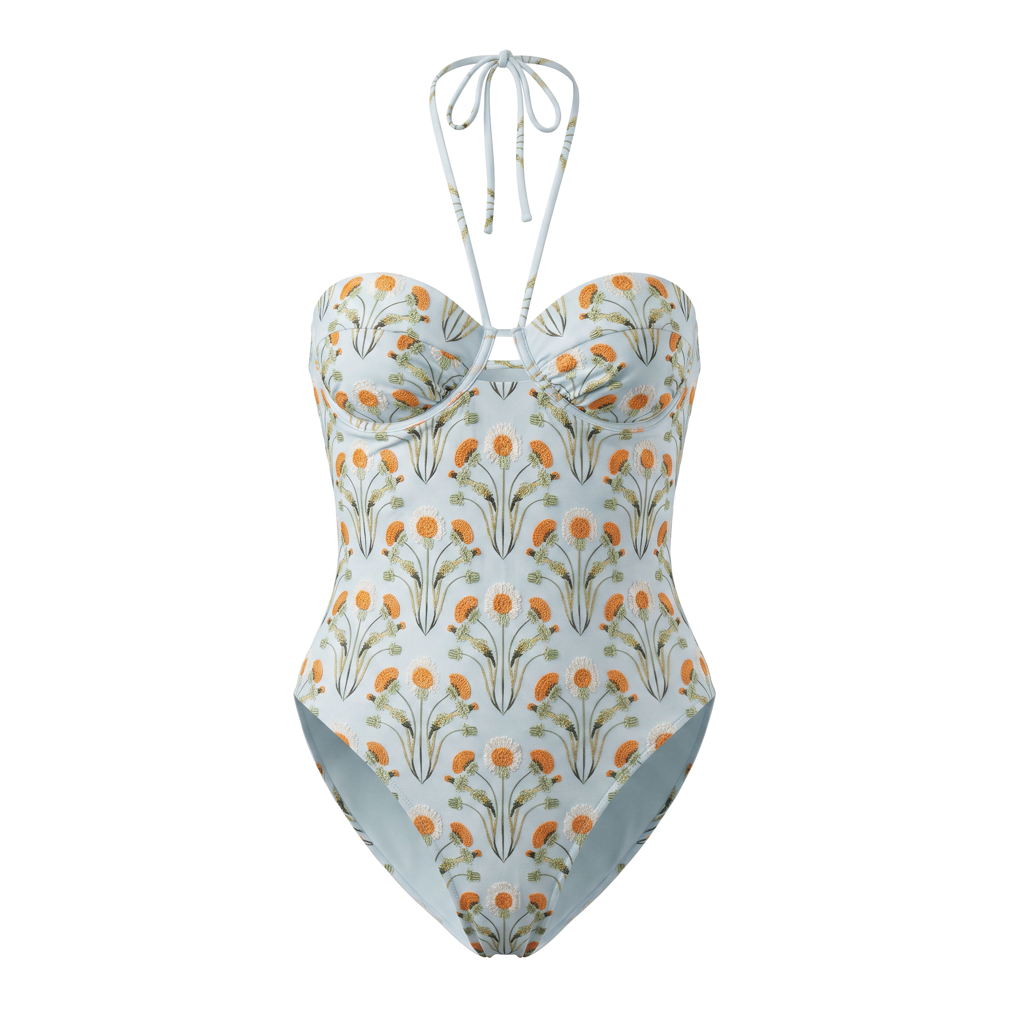 AGUA BY AGUA BLUE AND ORANGE FLORAL EMBROIDERED ONE-PIECE SWIMSUIT - SIZE M