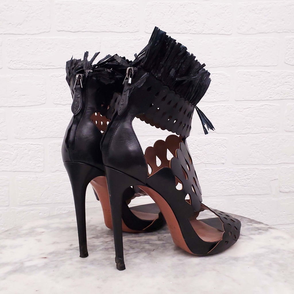 ALAÏA BLACK LASER CUT FRINGE HEELS - SIZE 41