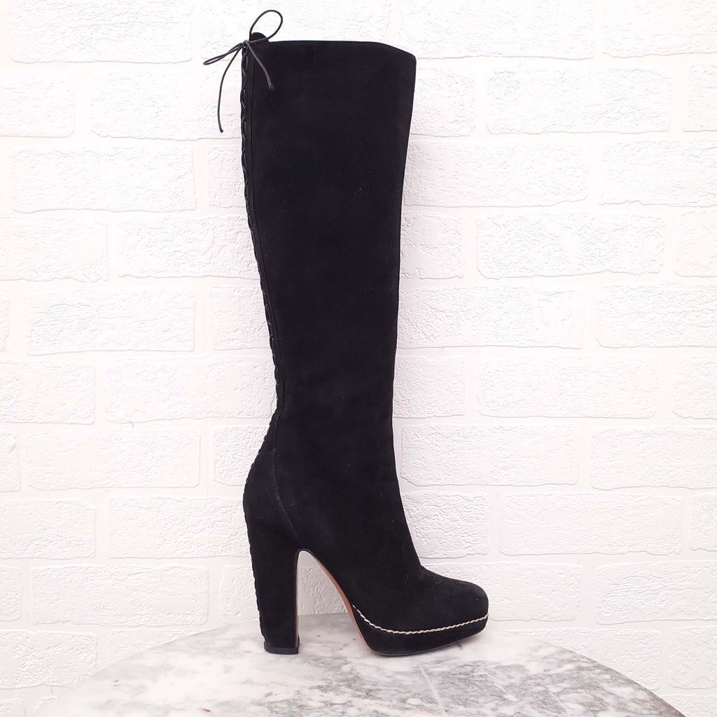 ALAÏA BLACK SUEDE BOOTS WITH CORSET BACK DETAIL - SIZE 36
