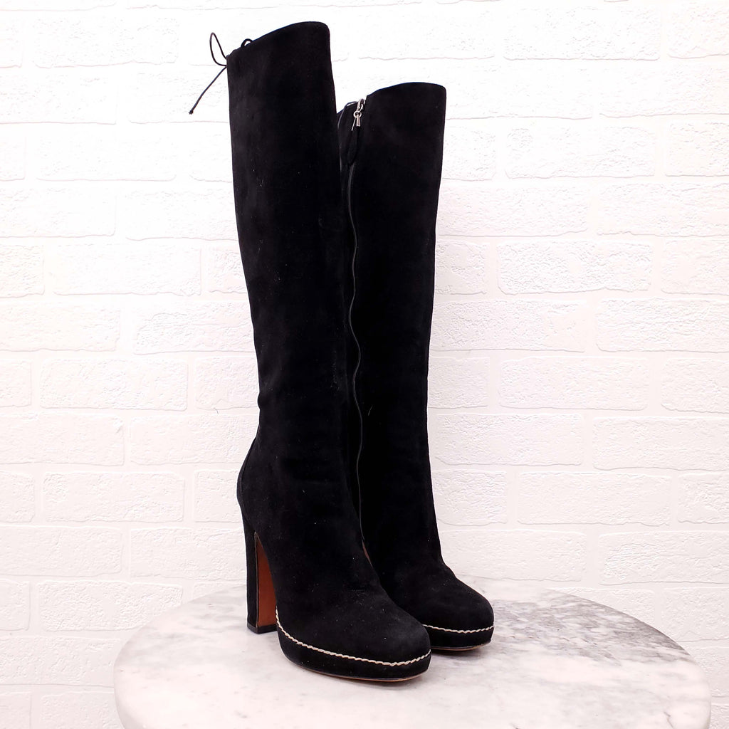 ALAÏA BLACK SUEDE BOOTS WITH CORSET BACK DETAIL - SIZE 36